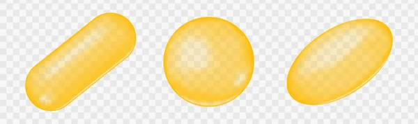 金黄色胶囊和鱼油丸 胶原蛋白 荷荷巴 角蛋白 维生素A或E 欧米加脂肪酸补充剂 在透明的背景下分离 矢量逼真说明 — 图库矢量图片