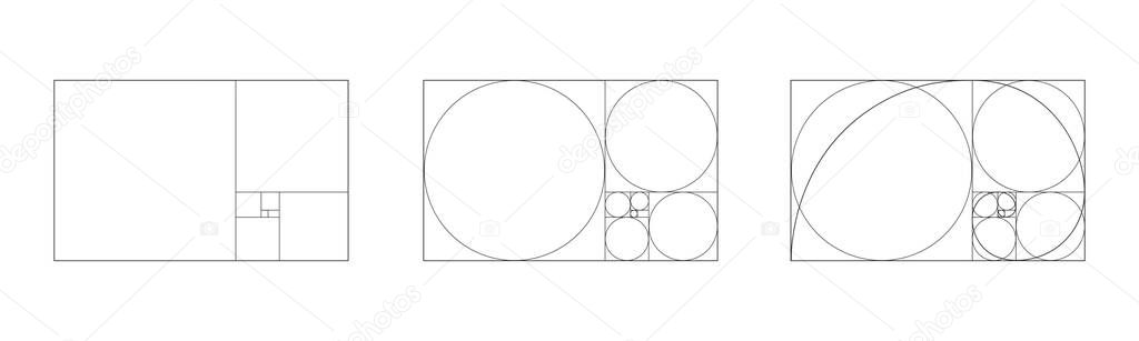 Golden ratio icons set. Rectangle frame fracted on squares, circles and with logarithmic spiral. Fibonacci sequence symbol. Harmony proportions template for photography. Vector outline illustration
