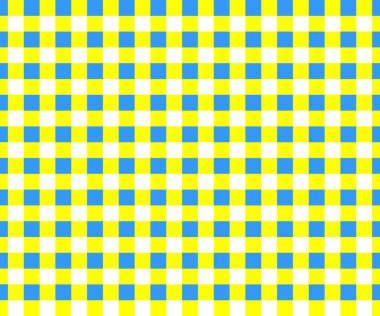 Ukrayna bayrağının mavi ve sarı renklerinde pürüzsüz bir desen. Piknik battaniyesi, masa örtüsü, ekose kumaş. Kumaş geometrik arkaplan, tekstil tasarımı. Vektör düz resimleme