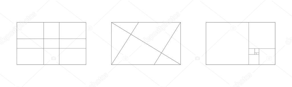 Golden ratio constructions set. Rectangle divided on harmony proportions. Fibonacci sequence. Perfect symmetry template for photography. Math symbol. Vector outline illustration
