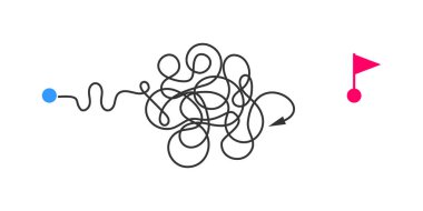 Başlangıç noktasından bitiş noktasına saptırılmış okla kaotik eğri yol. Başarısız plan, tamamlanmamış meydan okuma, başarısız fikir, sonu olmayan kavram. Vektör düz resimleme