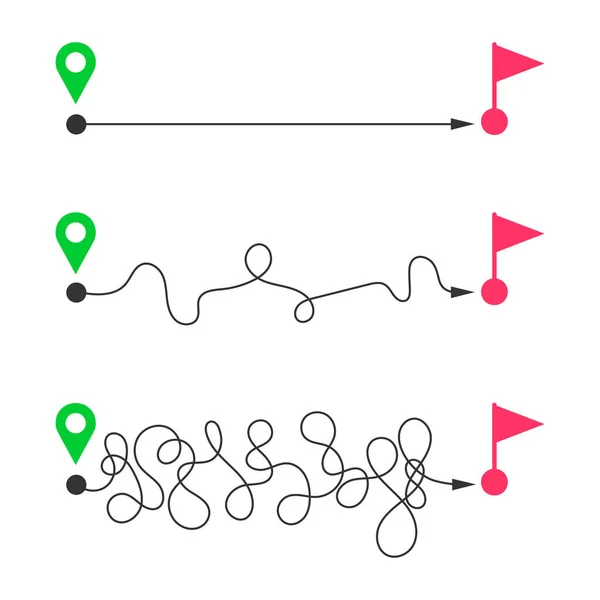 Straight Curved Lines Start Map Pins Finish Flags Fast Slow — Vettoriale Stock