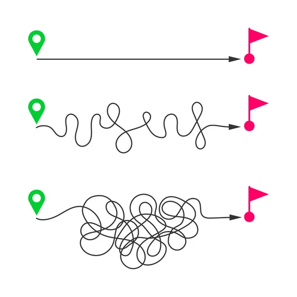 Straight Curved Paths Start Map Pins Finish Flags Fast Slow — Archivo Imágenes Vectoriales