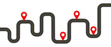Infographic template of winding road with markup and map pins signs. Delivery, trip, gps navigation, travel plan concept isolated on white background. Vector flat illustration