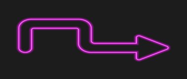 Next neon arrow on dark background. Purple illuminated direction sign on motel, cinema, casino, night bar billboard. Vector realistic illustration.