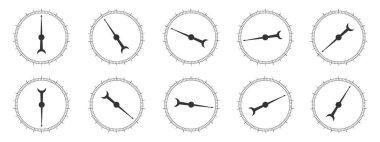 Set of round measuring scales with rotating arrows. Collection of 360 degree of barometer, compass, protractor, circular ruler tool template isolated on white background. Vector graphic illustration