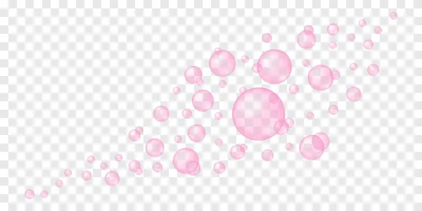 Flying or foating pink bubbles on transparent background. Soap foam, bath suds, cleanser texture. Fizzy cherry or strawberry drink, champagne, sparkling wine. Vector realistic illustration