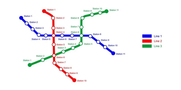 メトロマップテンプレート 駅と3色の方法線と地下鉄計画 白い背景に隔離された公共高速輸送ネットワークのインフォグラフィック図 ベクターイラスト — ストックベクタ