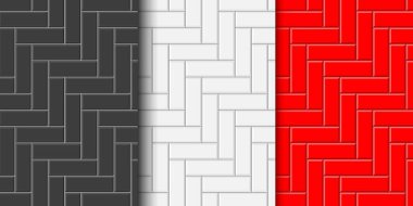 Siyah, beyaz, kırmızı ringa kemikli, dikişsiz desen. Mutfak fıskiyesi ya da banyo zemininde. Metro taşı ya da seramik tuğla duvar arka planı. İç ya da dış tasarım. Vektör düz resimleme