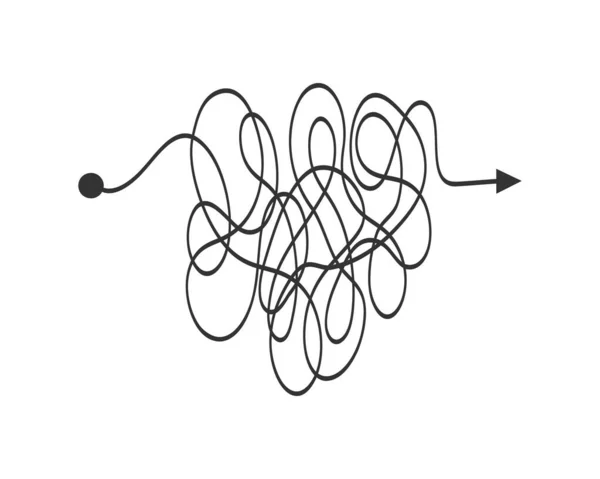 開始点から矢印を終了する混沌とした行 複雑な問題解決の概念 脳は新しいアイデアで動作します 複雑さのサインだ ベクトルグラフィックイラスト — ストックベクタ
