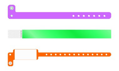 Plastik ve kağıt bileklikler. Bileklik şablonu konser, festival, sinema, parti, karnaval, sergi girişi. Hasta tanımlama el bandı modeli. Vektör illüstrasyonu