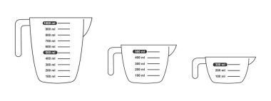 1 litre, 500 ml hacim ve 300 ml 'lik ölçü kabı seti. Sıvı kapasiteli yemek pişirmek için sıvı kaplar. Vektör grafik illüstrasyonu.