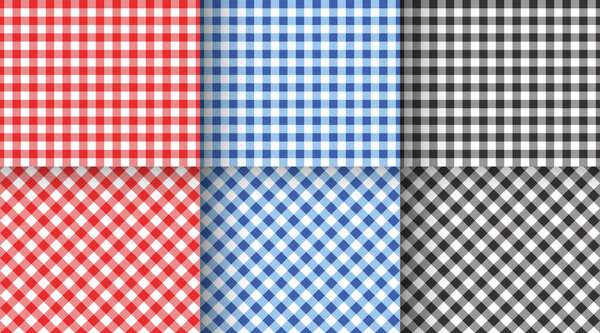 Набор имбирных плавных узоров. Красный, синий, черно-белый клетчатый виши текстуры для Пасхи или рождественский пикник одеяло, скатерть, клетчатый. Геометрический фон ткани. Векторная плоская иллюстрация