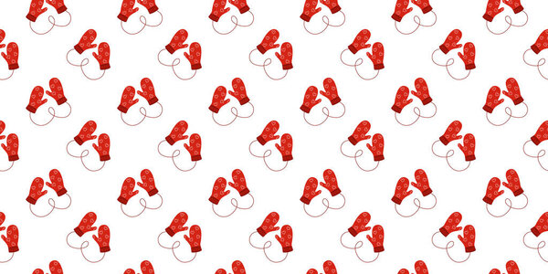 Бесшовный рисунок с парами красных вязаных варежок с сердечками. Уютная шерстяная перчатка фон. Зимний, рождественский или новогодний дизайн для шрапбукинга или оберточной бумаги. Векторная плоская иллюстрация