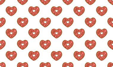 Kalp şekillendirici donut kusursuz desen. Sevgililer Günü için farklı tatlı donutlar. Kupür defteri ya da paket kağıdı, peçete ya da masa örtüsü kumaş tasarımı. Vektör çizgi film illüstrasyonu