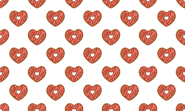 ハートシェイパーはシームレスなパターンを行います バレンタインデーのためのさまざまな甘いドーナツの背景 予約や包装紙 ナプキンやテーブルクロス生地のデザイン ベクトル漫画イラスト — ストックベクタ