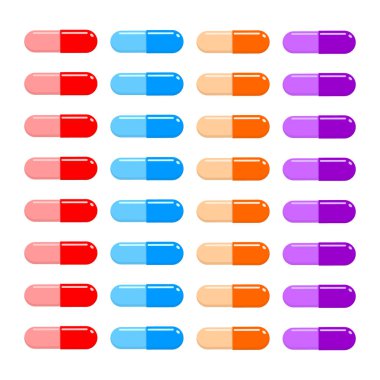 Kapsül etiketleri beyaz arka planda izole edilmiş ilaç planlayıcısı için. Yazdırılabilir tasarım. Vektör düz resimleme.