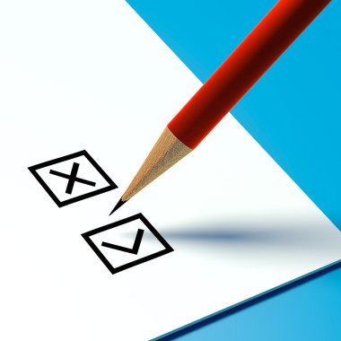 kontrol listesi veya bülten ve kalem mavi bir arka plan üzerinde
