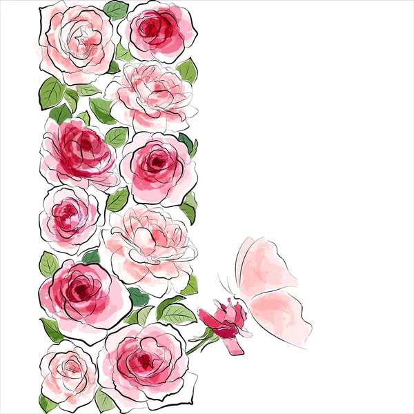 Fondo floral con estilo. Rosas rosadas con mariposa — Vector de stock