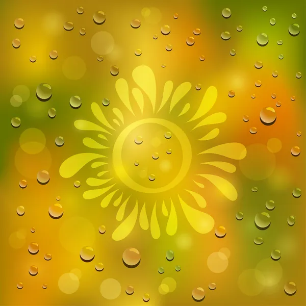 Natural green and yellow background. Drawn sun on the wet glass — Stock Vector