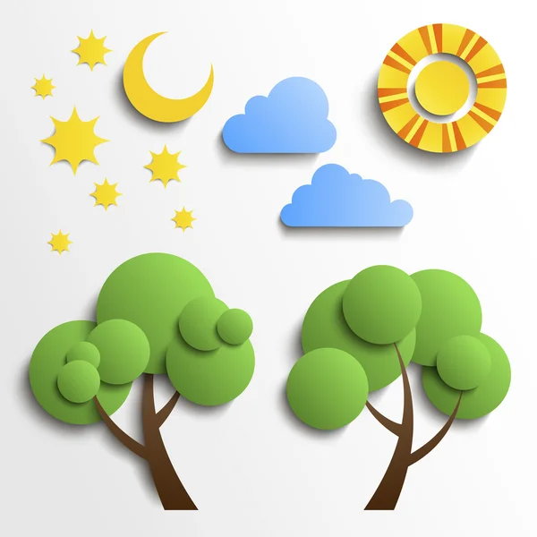 Conjunto de ícones. Projeto de corte de papel. Sol, lua, estrelas, árvore, nuvens — Vetor de Stock