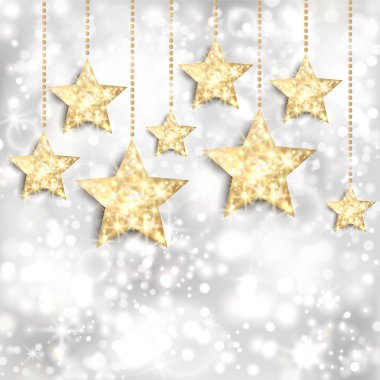 Altın yıldızlar ve twinkly ışık gümüş arka plan