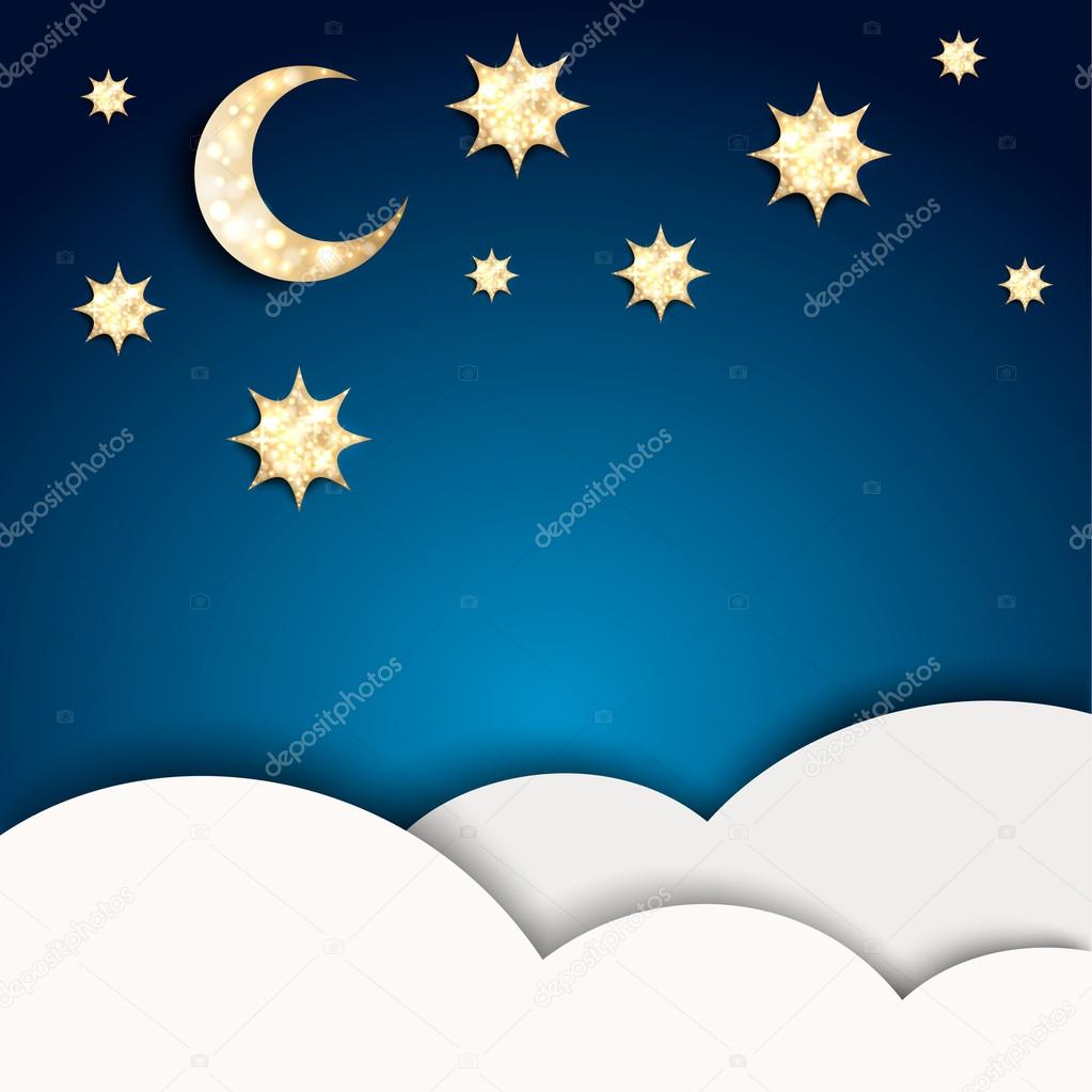 Christmas night. Blue background with golden stars and moon