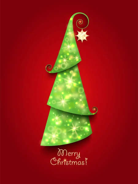 Χριστούγεννα ευχετήρια κάρτα. πράσινο χριστουγεννιάτικο δέντρο με twinkly φως — Διανυσματικό Αρχείο