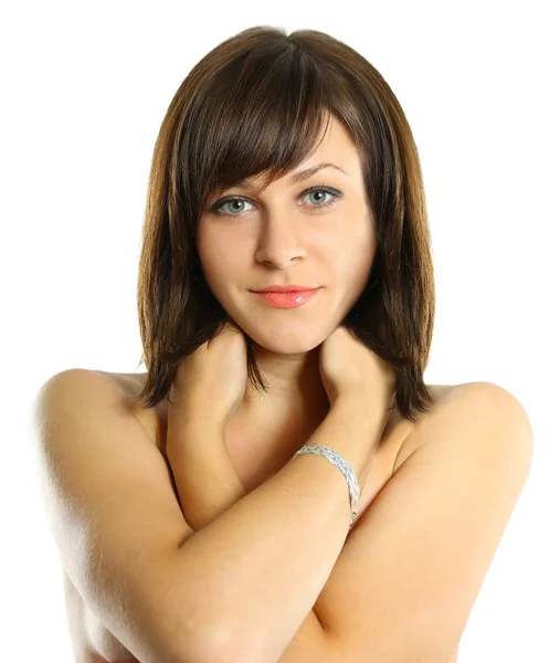 Young woman touching her face isolated on whire background — Stock Photo, Image