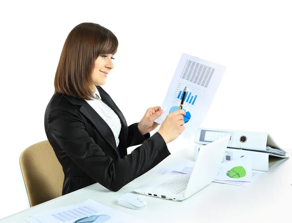 Young pretty business woman with notebook in office — Stock Photo, Image