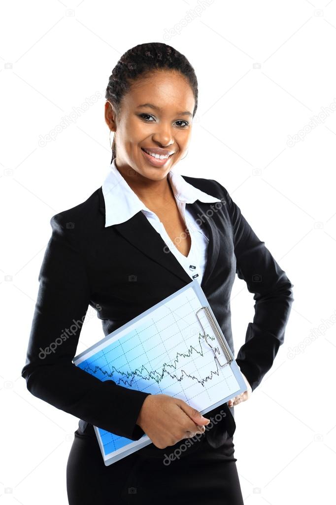 A happy young business woman holding a clipboard on white background