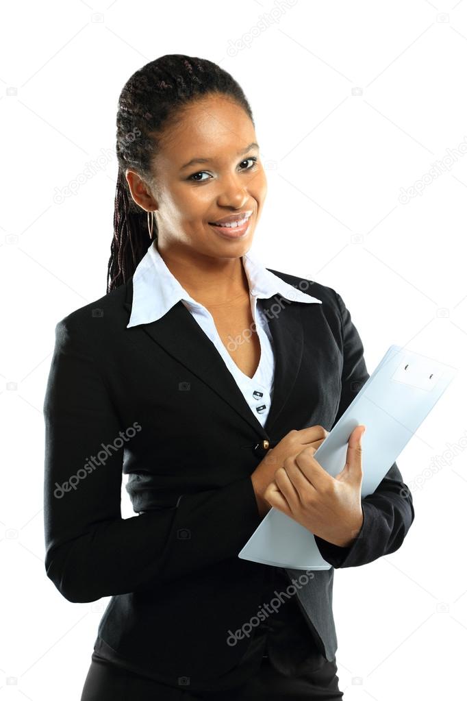 Portrait of an attractive young american african business woman with clipboard