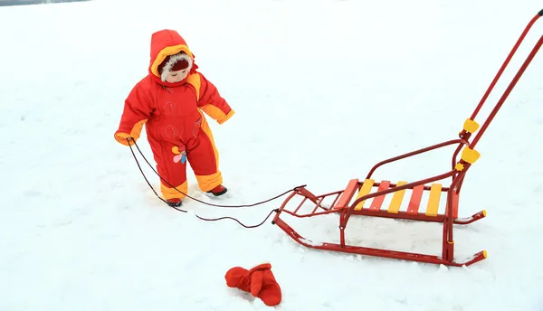Baby girl with sled — Stock Photo, Image