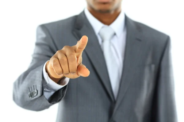 Conceito de recrutamento negro com um empresário africano isolado em branco apontando — Fotografia de Stock