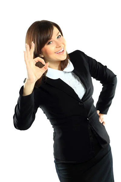 Portrait of happy smiling businesswoman with okay gesture — Stock Photo, Image