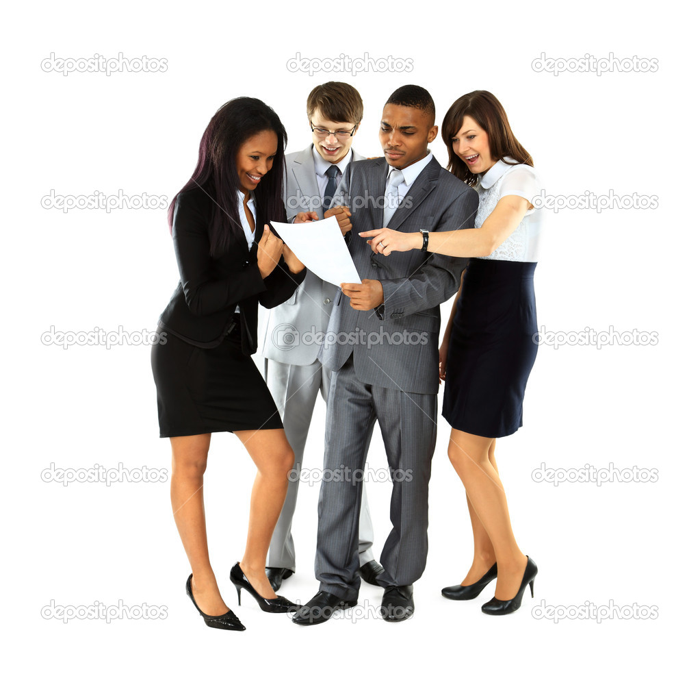 Full length of successful business professionals discuss during office break