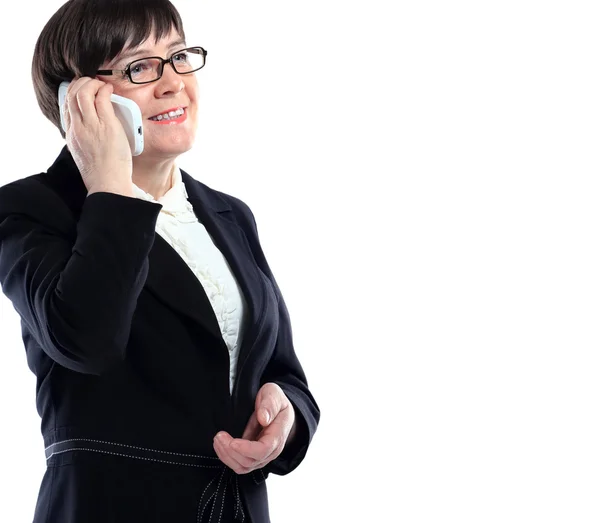 黒のスーツで携帯電話を呼び出す熟女アダルト ビジネスウーマン — ストック写真