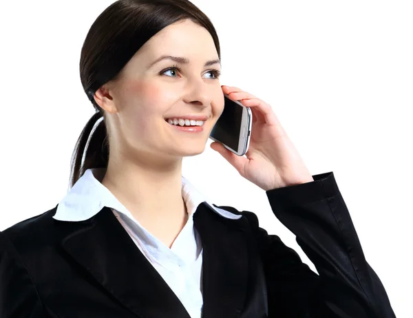 Portret van gelukkig lachend vrolijke mooie jonge zakenvrouw met telefoon — Stockfoto