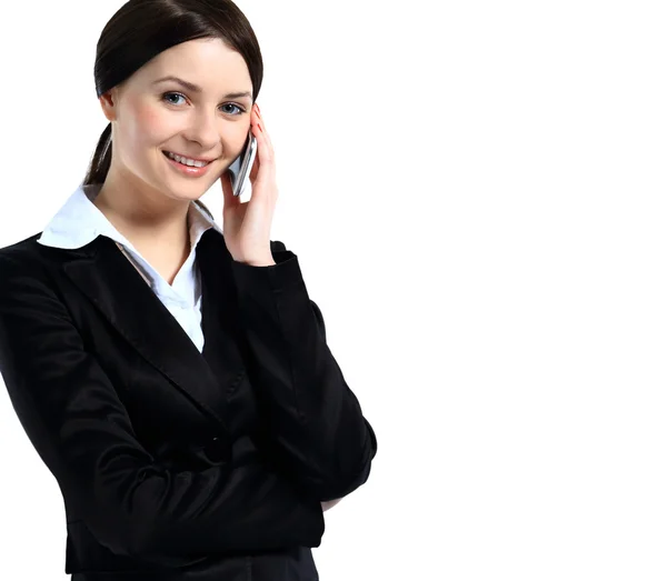 Porträt von glücklich lächelnd fröhlich schöne junge Geschäftsfrau mit Telefon — Stockfoto