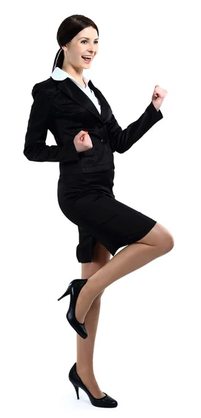 Imagen de una mujer de negocios muy feliz ganando sobre blanco — Foto de Stock