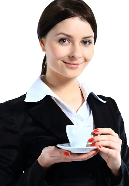 Feliz sonrisa mujer de negocios mantenga taza de café aislado sobre fondo blanco Fotos de stock libres de derechos