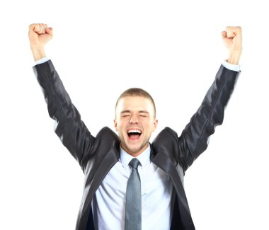 heyecanlı yakışıklı iş adam başarı beyaz izole - kaldırdı kollarını