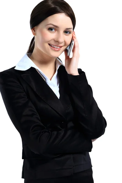 Retrato de una mujer de negocios sonriente hablando por teléfono, aislada sobre fondo blanco — Foto de Stock