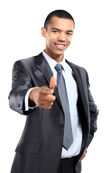 Retrato de homem de negócios africano feliz apontando para você contra fundo branco — Fotografia de Stock