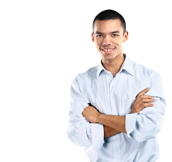 Empresário africano amigável e sorridente olhando para a câmera com confiabilidade isolada no fundo branco — Fotografia de Stock