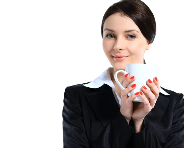 Feliz sorriso mulher de negócios segurar xícara de café isolado sobre fundo branco — Fotografia de Stock