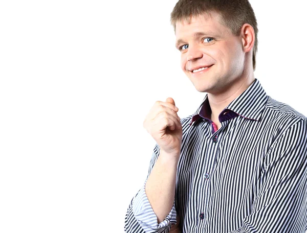 Vriendelijke en lachende zakenman op zoek naar camera met betrouwbaarheid geïsoleerd op witte achtergrond — Stockfoto