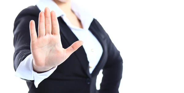 Business woman making stop sign over white, focus on hand — Stock Photo, Image