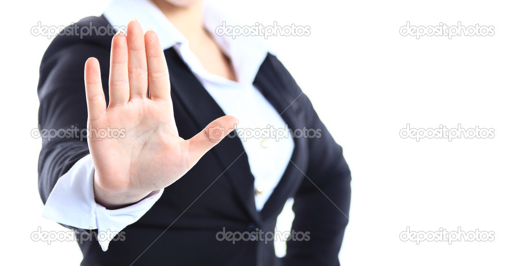 Business woman making stop sign over white, focus on hand