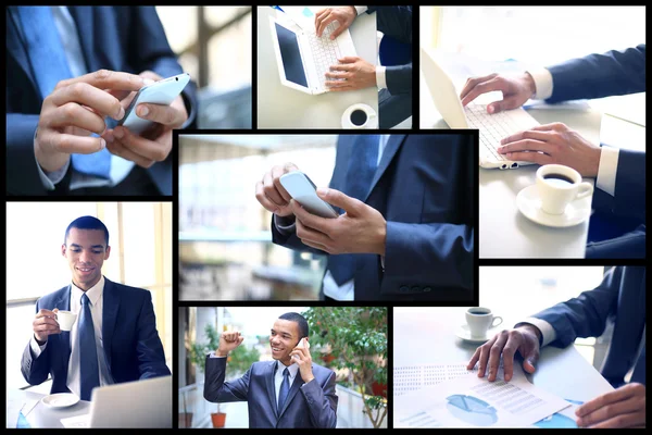 Collage di giovani imprenditori che lavorano in ufficio — Foto Stock